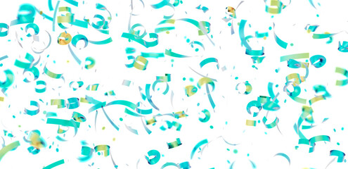 Festive teal and gold confetti falling on white. Perfect for party invitations, banners, and celebratory designs.