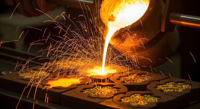 Glowing molten metal pouring into decorative molds generating brilliant orange sparks.