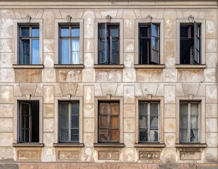 Obraz premium Facade of Weathered Building Featuring Ten Windows with Open and Closed Shutters Grungy Concrete Textured Wall Neutral Tones Architectural Detail