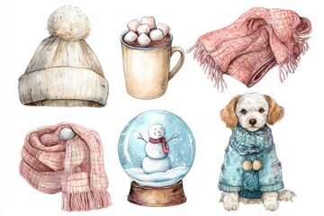 Watercolor cozy winter set with dog and cocoa