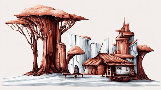 Artistic illustration of unique trees and structures