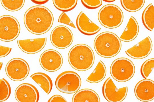 Saftige Orangen, in Scheiben geschnitten, auf wei&szlig;em Hintergrund