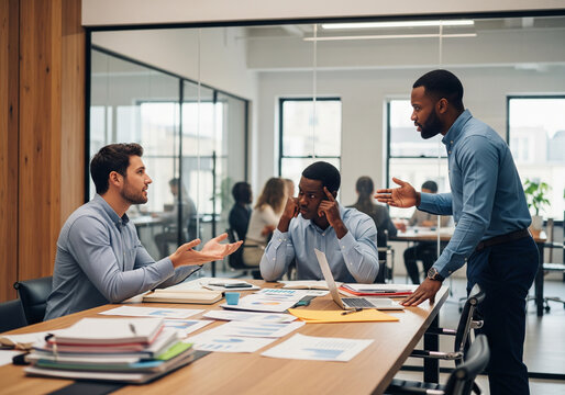 Three diverse male colleagues engaged in a heated argument and stressful discussion during a tense business meeting in a modern office.