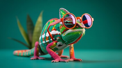 Vibrant chameleon in trendy sunglasses posing against a teal background
