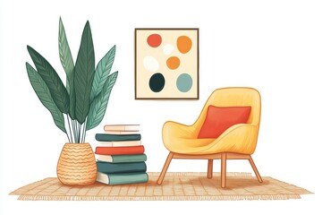Cozy interior with chair books and plant illustration