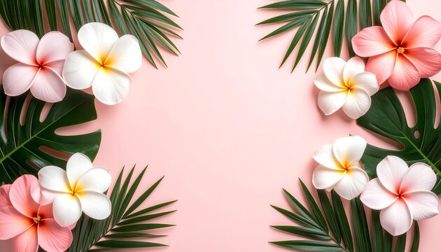 Pastel flowers and leaves on pink