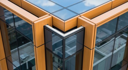 Overhead drone shot capturing the seamless connection of timber and glass components in curtainwall fitout on commercial tower.