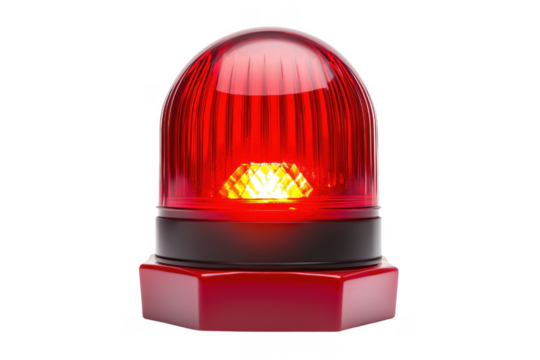 Bright red flashing emergency siren lamp in alert mode with glowing light and warning concept transparent
