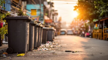 Row of Trash Bins on Littered Street