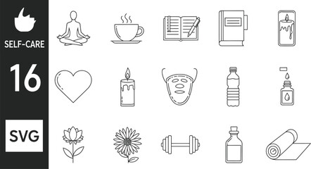Collection of self care icons representing relaxation and well being isolated on white background
