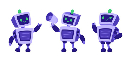 Set of adorable AI robot characters in different poses. Friendly artificial intelligence, virtual assistant services, and modern technology with a personal touch