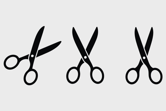 Scissors Icons,  Open, Closed, and Cutting Action Styles, Sharp Tool Symbols for Barber Shop, Sewing, DIY Craft, Paper Cutting, Fashion Tailoring, and Creative Design