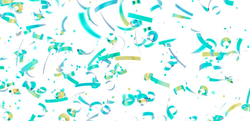 Celebrate with this vibrant image of teal and gold confetti falling against a crisp white backdrop. Perfect for party invitations or festive de