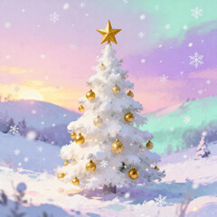 Winter Wonderland Holiday Scene: A majestic Christmas tree stands elegantly adorned with golden ornaments and a radiant star.