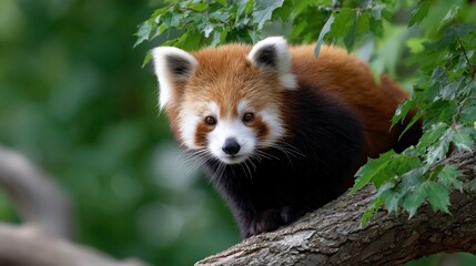 Fototapeta premium Curious Red Panda Cleaning Paws While Resting on Tree Branch Wildlife