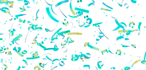 Beautiful image of teal and gold confetti falling on white background. Perfect for celebrations, parties, and festive designs.