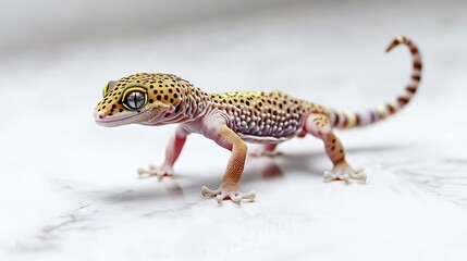 Naklejka premium Small spotted leopard gecko on a stone wall