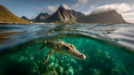 Obraz premium A crocodile partially submerged in clear water, with mountains in the background.