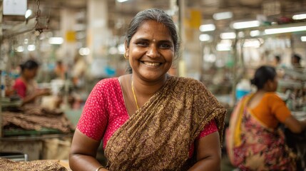 Woman in Sari Smiling in Textile Factory