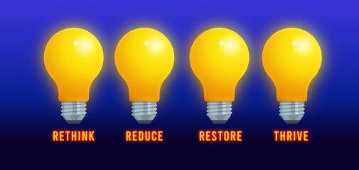We rethink, reduce, restore and thrive for sustainability. Four lightbulbs showing sustainable future concepts.