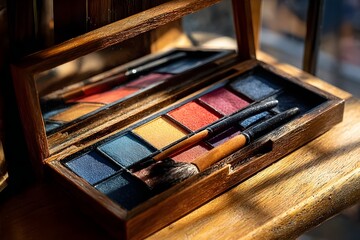Wooden eyeshadow palette with brushes
