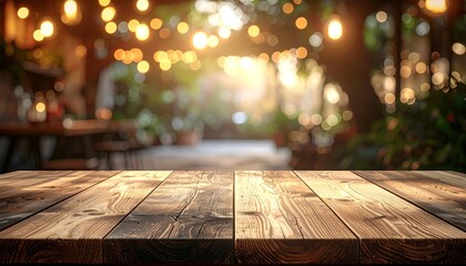 Rustic Wooden Table Top in Cafe Ambiance Holiday backdrop,Mock up banner for display of advertise product.