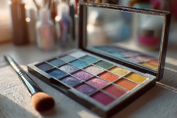 Eyeshadow palette and makeup brush
