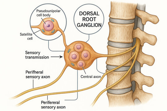Illustration of a Dorsal Root Ganglion and Nervous System Anatomy