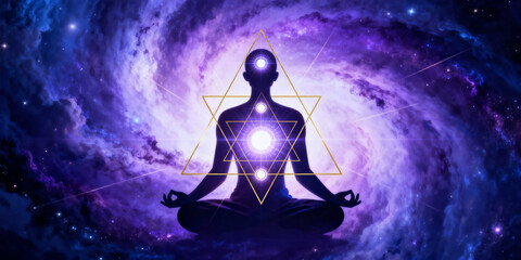 Cosmic Meditation: A figure in serene meditation pose with a vibrant energy field, set against a celestial galaxy. Evoking inner peace, spiritual exploration, and the vastness of consciousness.