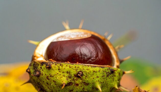 A close-up view of a split horse chestnut, showcasing the deep reddish-brown seed within its spiky green husk. The soft focus background provides a neutral backdrop for the rich tones of the nut. - Powered by Adobe
