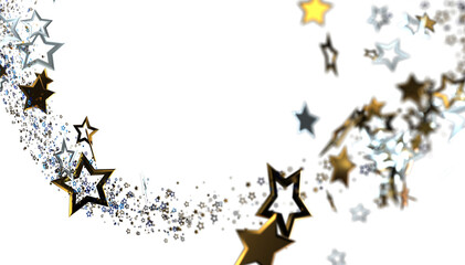 Sparkling gold and silver stars swirl across a white background. Perfect for holidays, celebrations, and success.