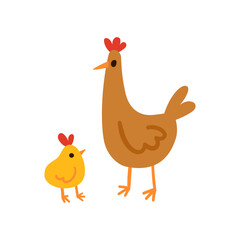 Brown hen standing with a yellow chick simple flat illustration isolated on white. Domestic birds with red combs and orange beaks. Great for kids content, nursery prints, farm and animal designs