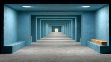 A long, empty corridor with light blue walls and a concrete floor.  A wooden bench is visible on one side.