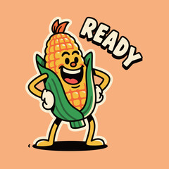 A ready and happy corn on the cob character cartoon mascot illustration with a smiling face.