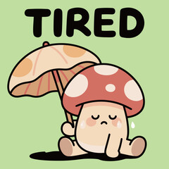 A tired and sad mushroom character cartoon mascot illustration with a worried face.
