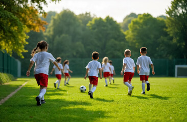 Obraz premium group of children playing football on the field, children's football team