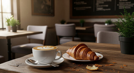 Fresh croissant and a coffee with latte art in a cozy cafe. A tempting shot of a freshly baked, flaky croissant and a cup of creamy coffee with intricate latte art, placed on a rustic wooden table

