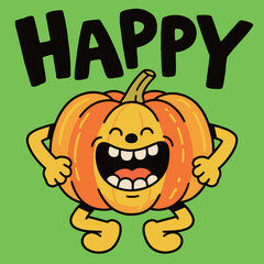A happy pumpkin character cartoon mascot illustration with a big, wide grin on a vibrant green background.