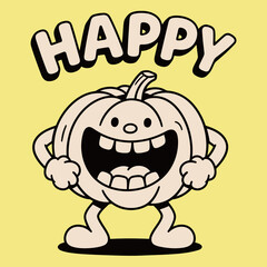 A happy pumpkin character cartoon mascot illustration with a big, wide grin on a bright yellow background.