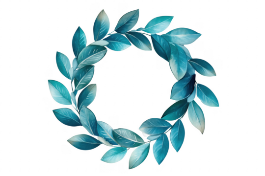 Elegant blue leaves forming a circular wreath against a deep transparent background