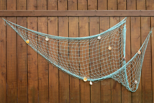 fishing net with shells hanging on wood wall