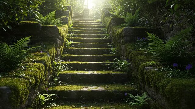 Moss-covered ancient stone steps in lush green forest with sunlight