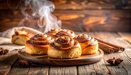 Freshly baked cinnamon rolls steaming on a wooden board