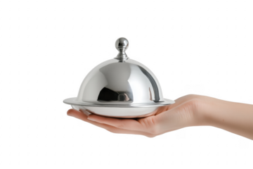 Elegant hand holding a polished silver serving dish with dome lid on transparent background