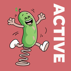 A very active and energetic cartoon bean character jumping on a spring.