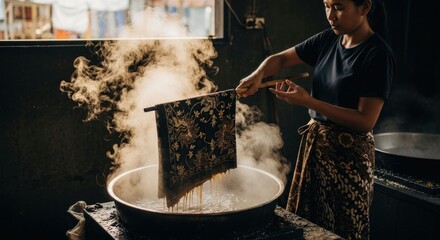Woman steaming batik fabric