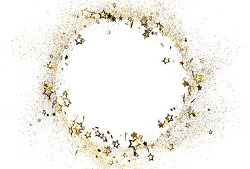 Obraz premium Sparkling gold stars and glitter create a festive circular frame perfect for holidays, celebrations, and luxury designs. Ideal for invitations, cards, and social medi
