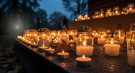 Many lit memorial candles glowing in glass jars and holders on a dark surface