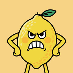 An angry and grumpy lemon character cartoon mascot with a sour and scowling expression.