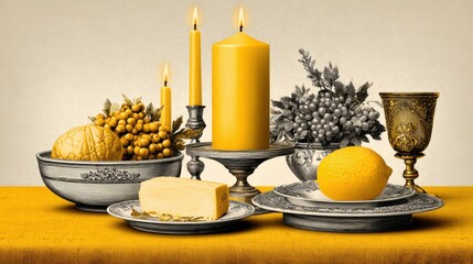 Obraz premium Still life composition featuring yellow candles, fruits, and cheese arranged on ornate plates against a soft background, creating a warm and inviting atmosphere for culinary art